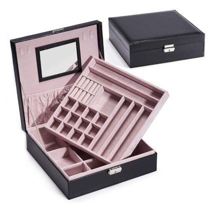 Boîte à bijoux classique UNIQ 2 couches en cuir S117 - Noir