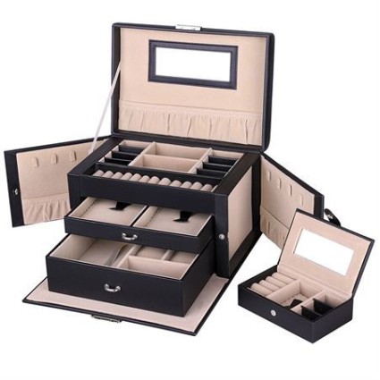 UNIQ XL Coffret à bijoux en cuir avec 20 compartiments et serrure - Noir