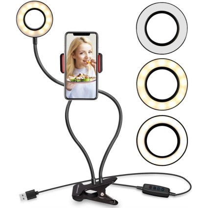 Selfie Ring Light avec lumière LED, contrôle de la luminosité + bras flexibles