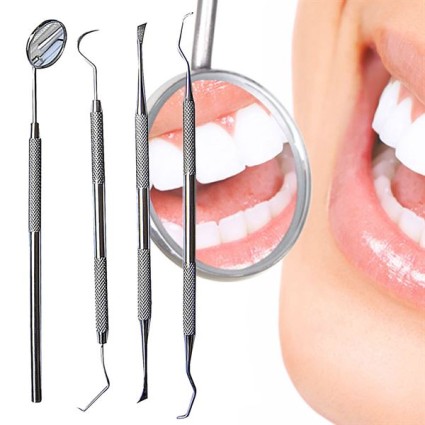 Kit d hygiène dentaire 4 pièces - Miroir de bouche, 2 curettes et racleur