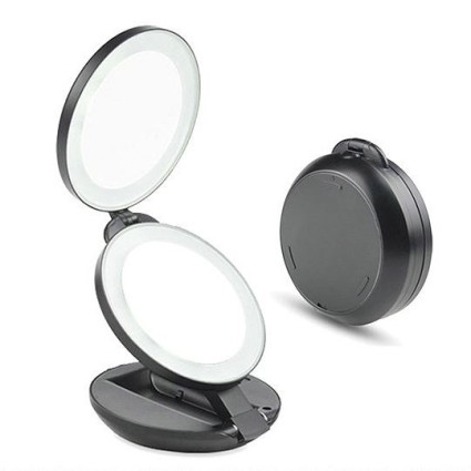 Miroir double Voyage LED compact Grossissement x10 - Noir