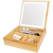 Boîte de bijoux miroir LED UNIQ 2-en-1 / boîte de bijou d'organisateur de bambou pour le maquillage et les bijoux