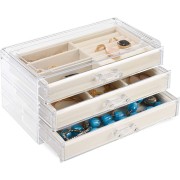 Boîte à bijoux acrylique Uniq avec 3 tiroirs - Stockage des organismes pour les boucles d'oreille, les colliers, les bracelets, les montres, etc.